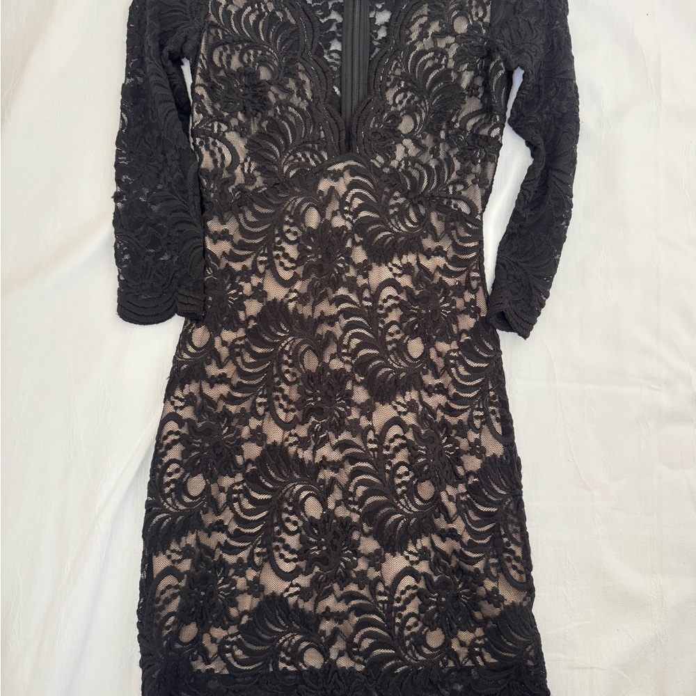 Bebe Black Lace 3/4 Long Sleeve Lace  Dress with Nude Underlay